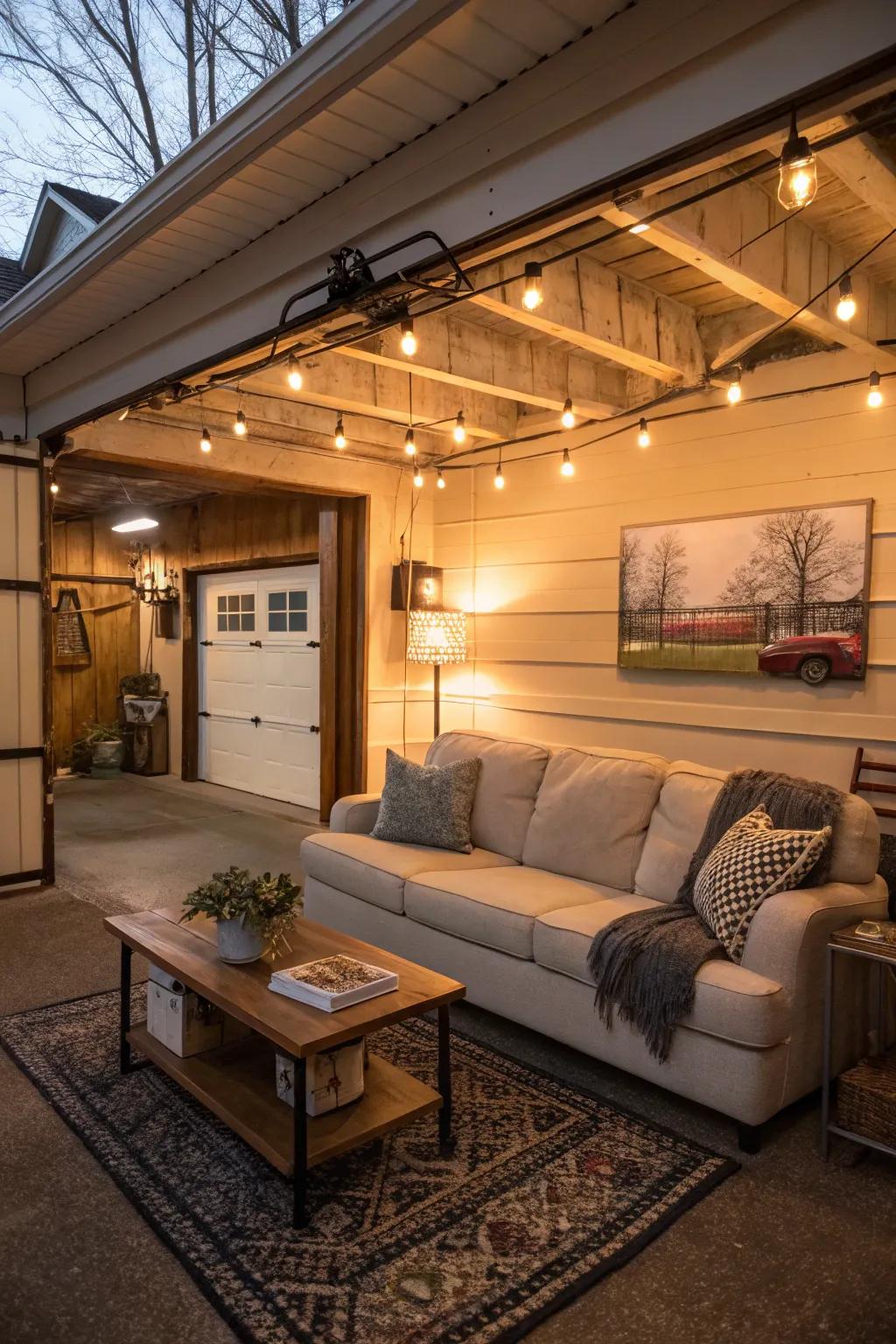 A small garage becomes a welcoming living room.