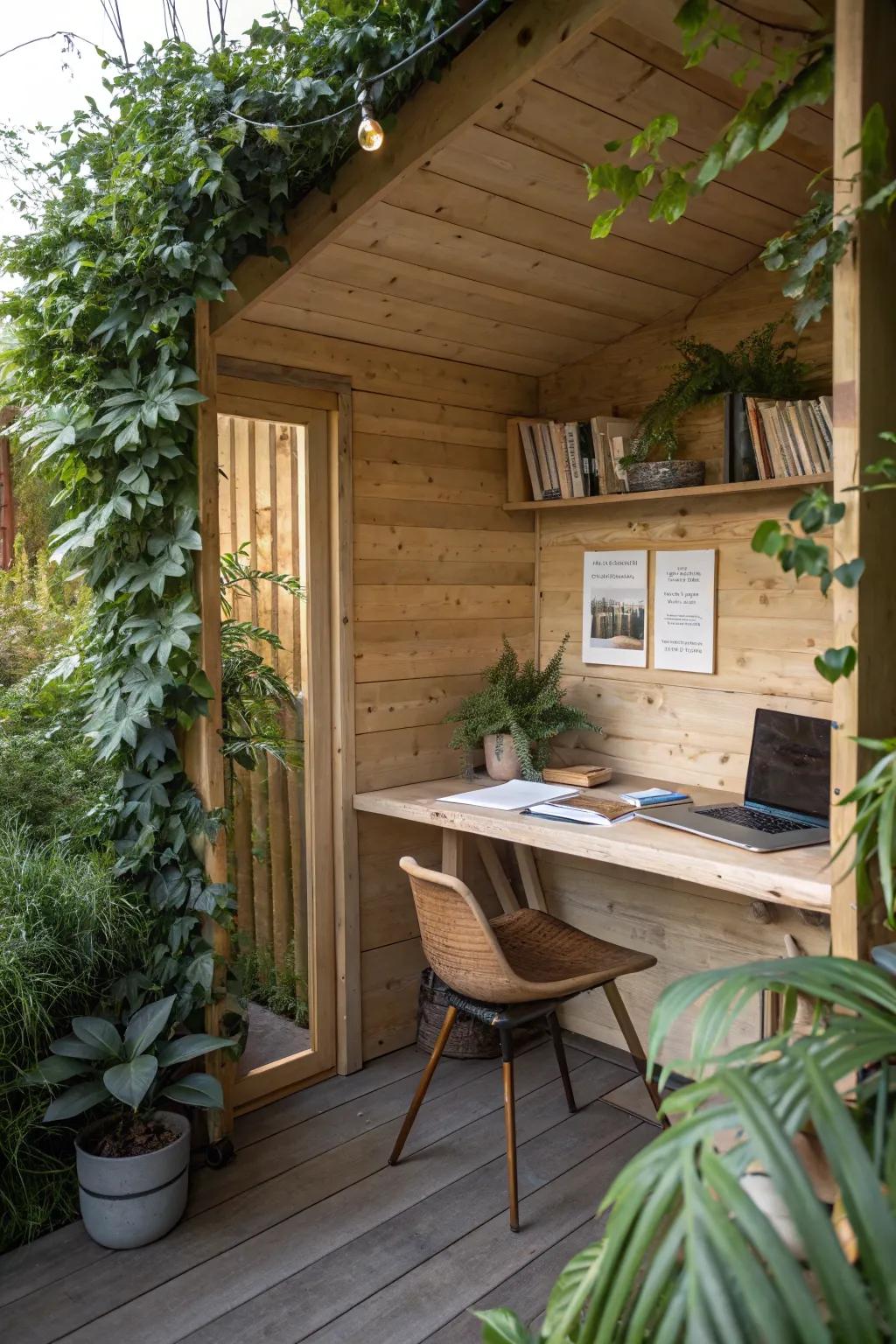 A garden office radiating the warmth of wooden elements.