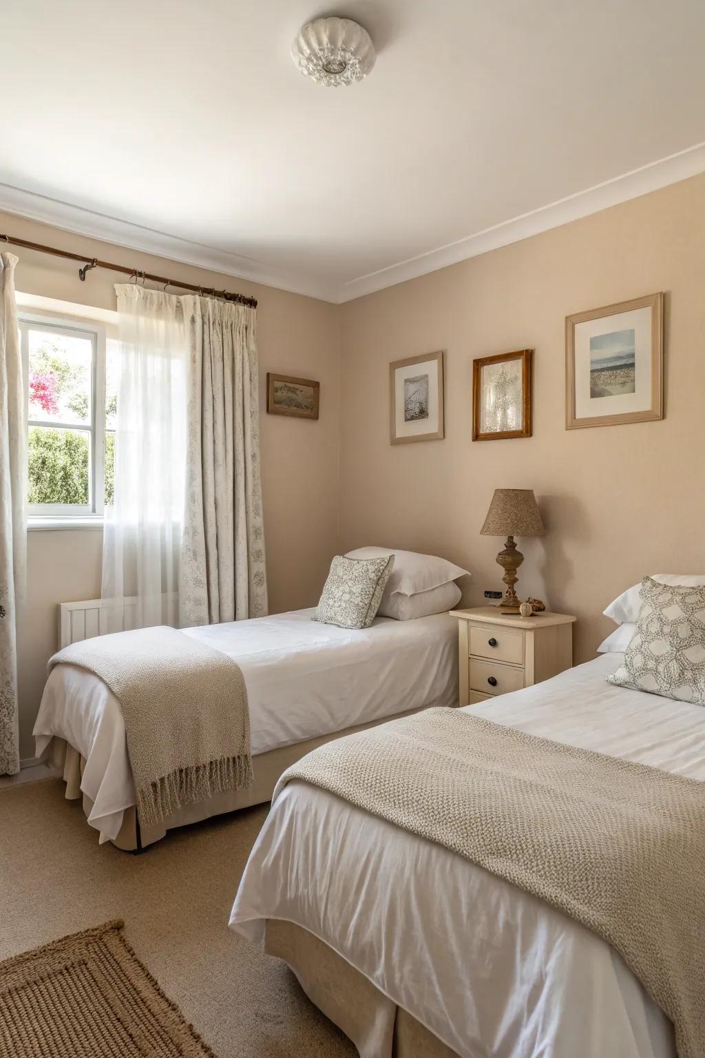 Neutral colors create a spacious, calm atmosphere.