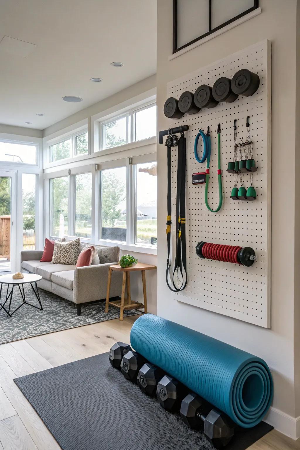 Wall-mounted pegboards offer a streamlined and effective storage solution.