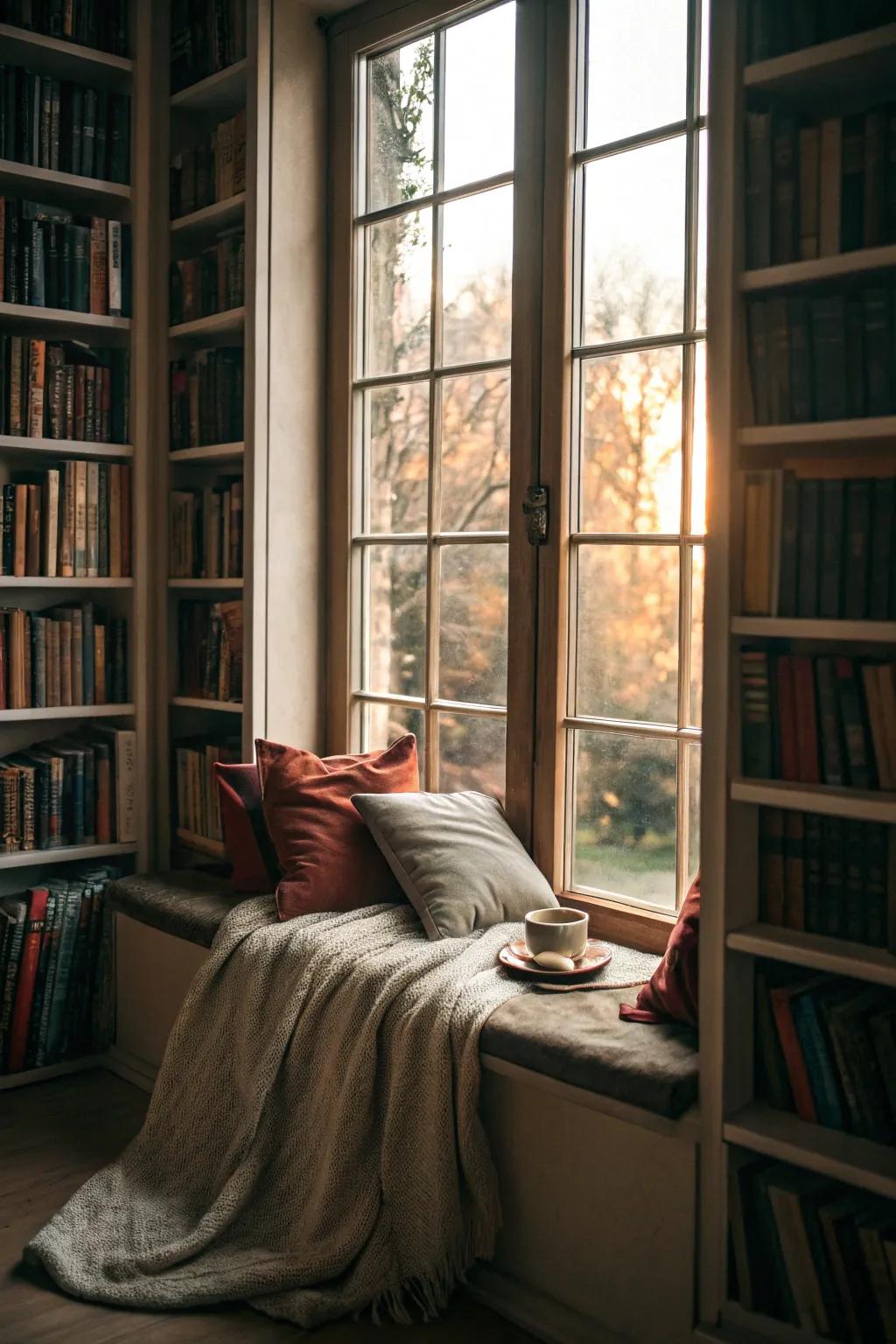 A recessed window seat fashions a snug reading alcove flooded with ambient light.
