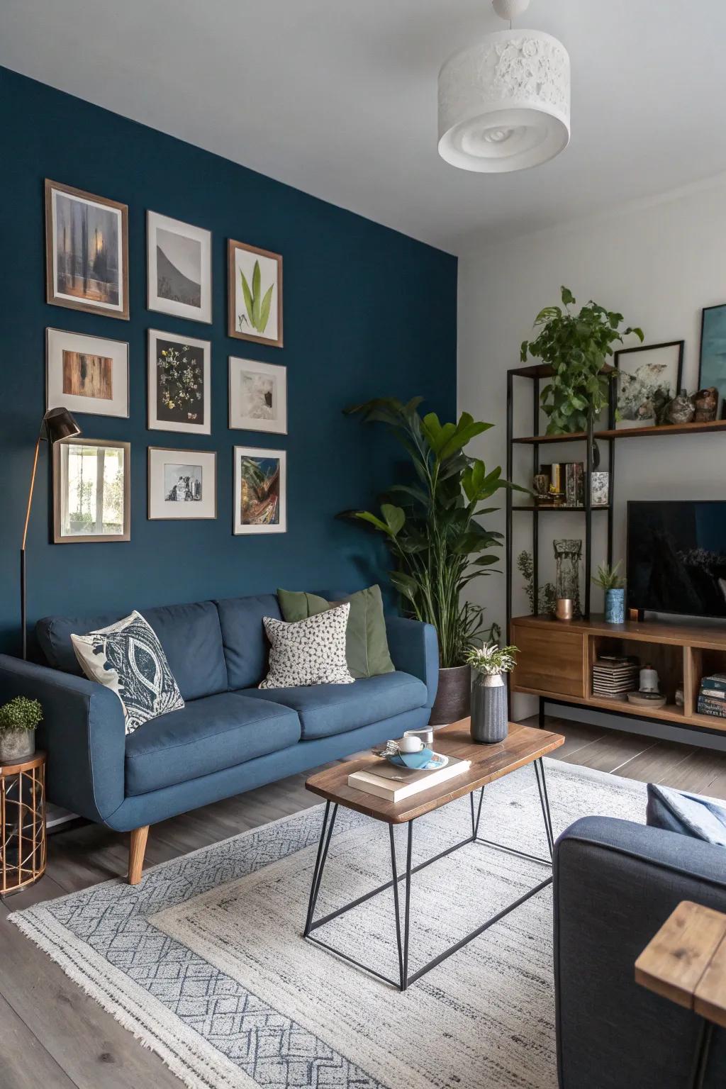 A small living room having a navy feature wall that provides dimension.