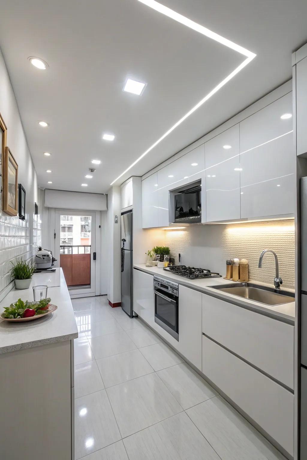 Integrated lights maintain a bright, spacious, and orderly small kitchen.