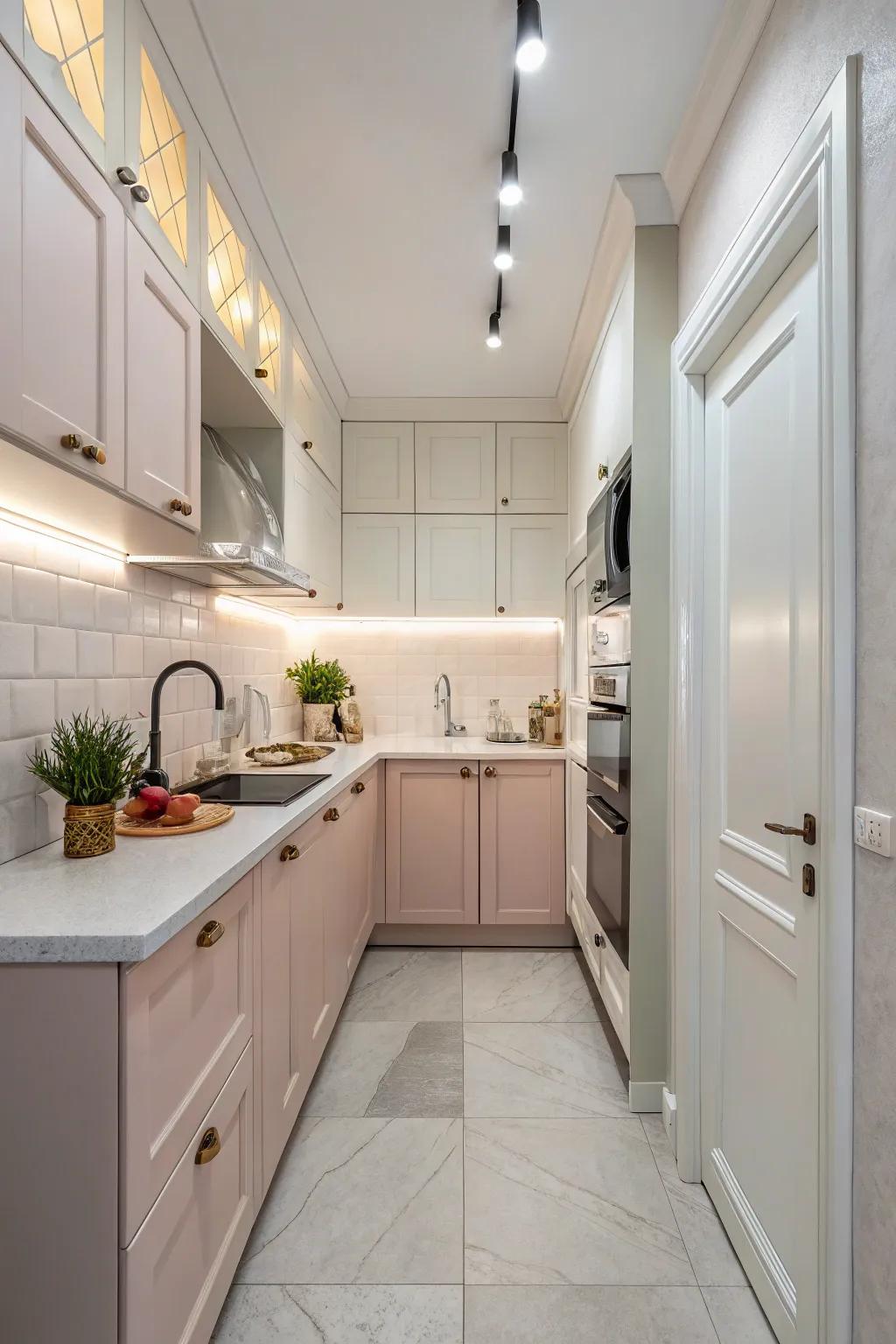 Light shades and great lighting turn a small kitchen into an inviting area.