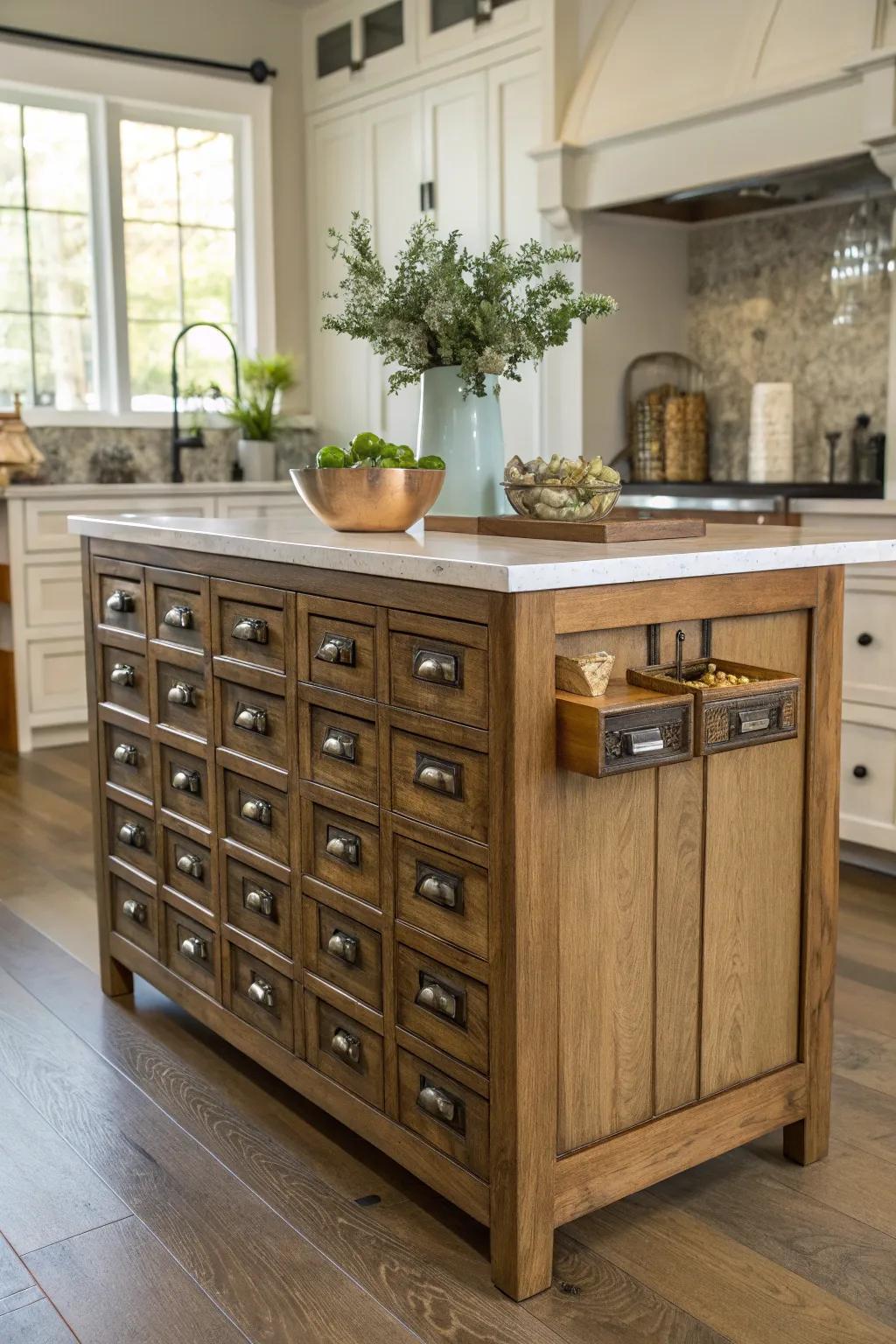 An exceptional island with drawers offering both appeal and storage.