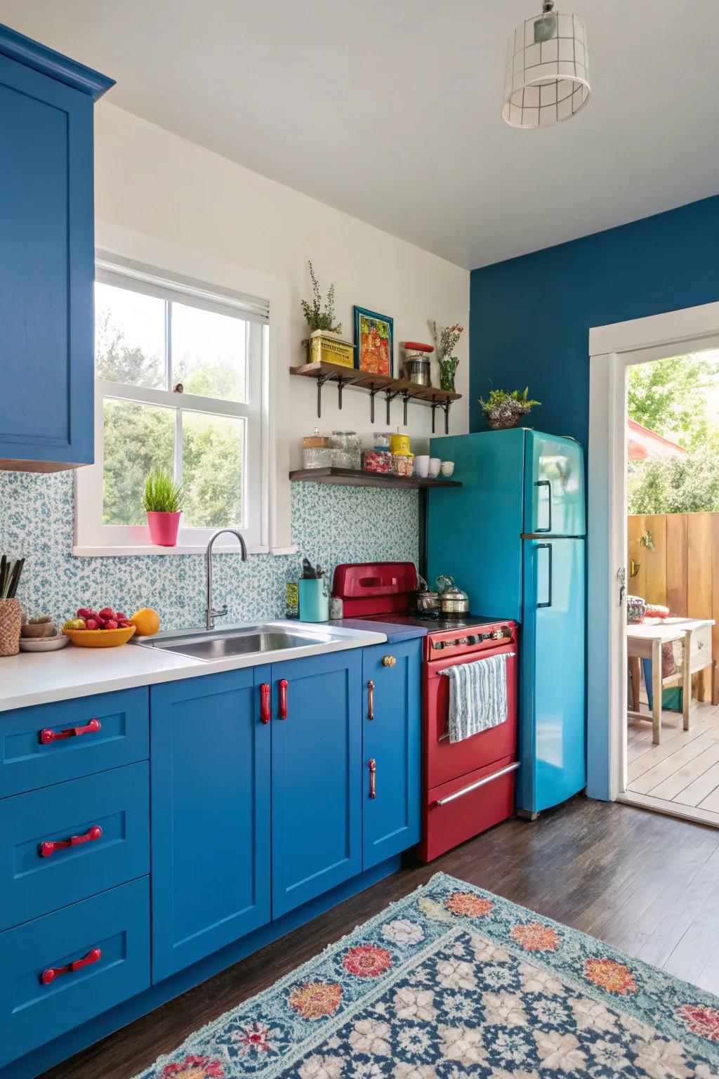 Vibrant colors offer drama and character to smaller kitchens.