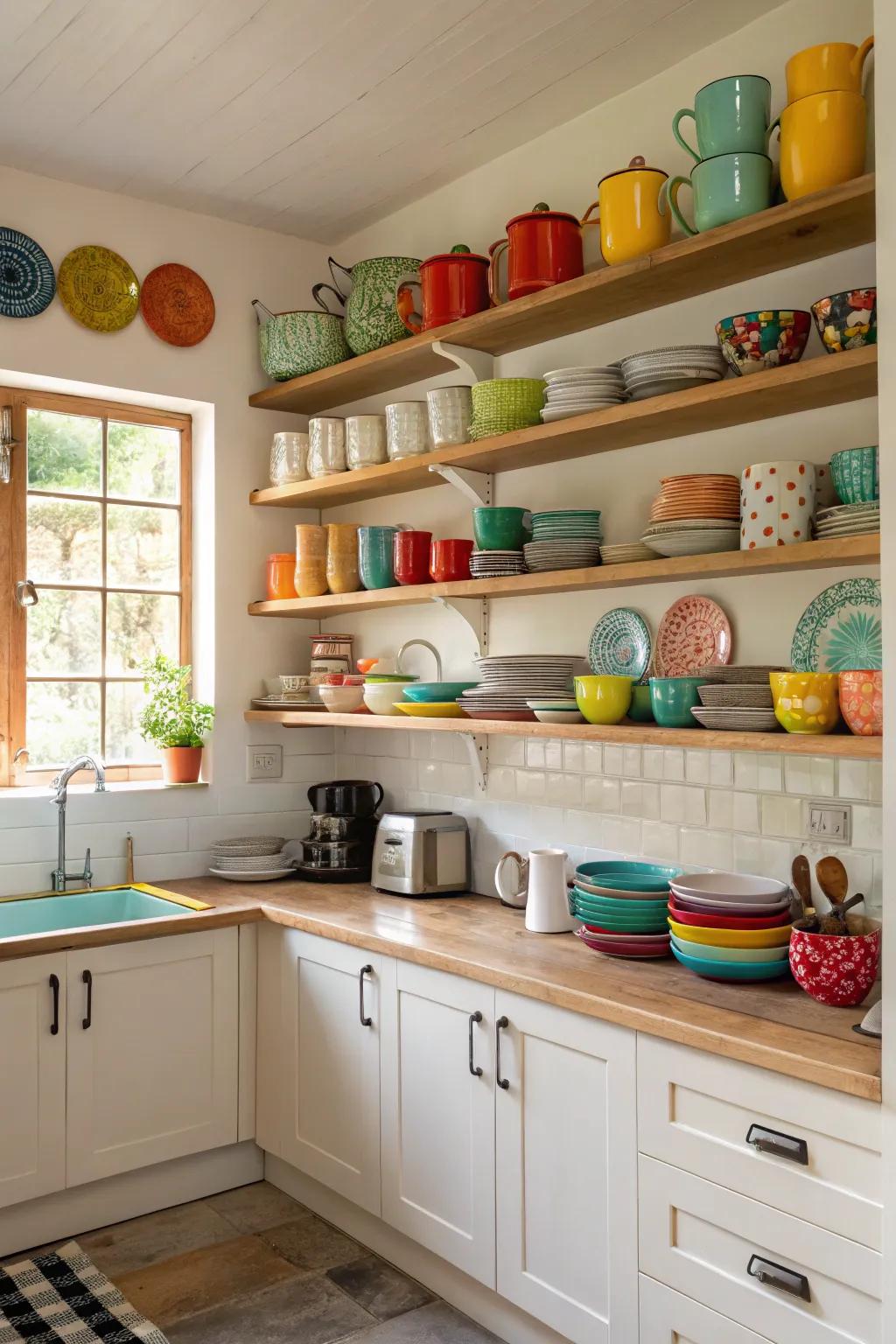 Open shelves enhance the charm and practicality of your small kitchen.