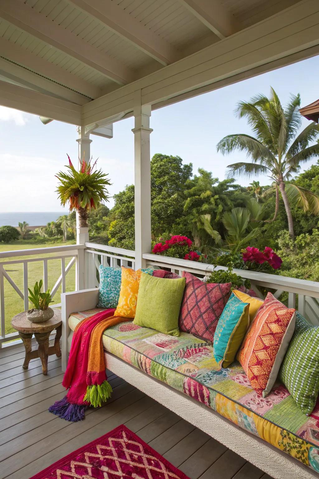 Invigorate your lanai by incorporating colorful cushions and throws, fostering a lively environment.