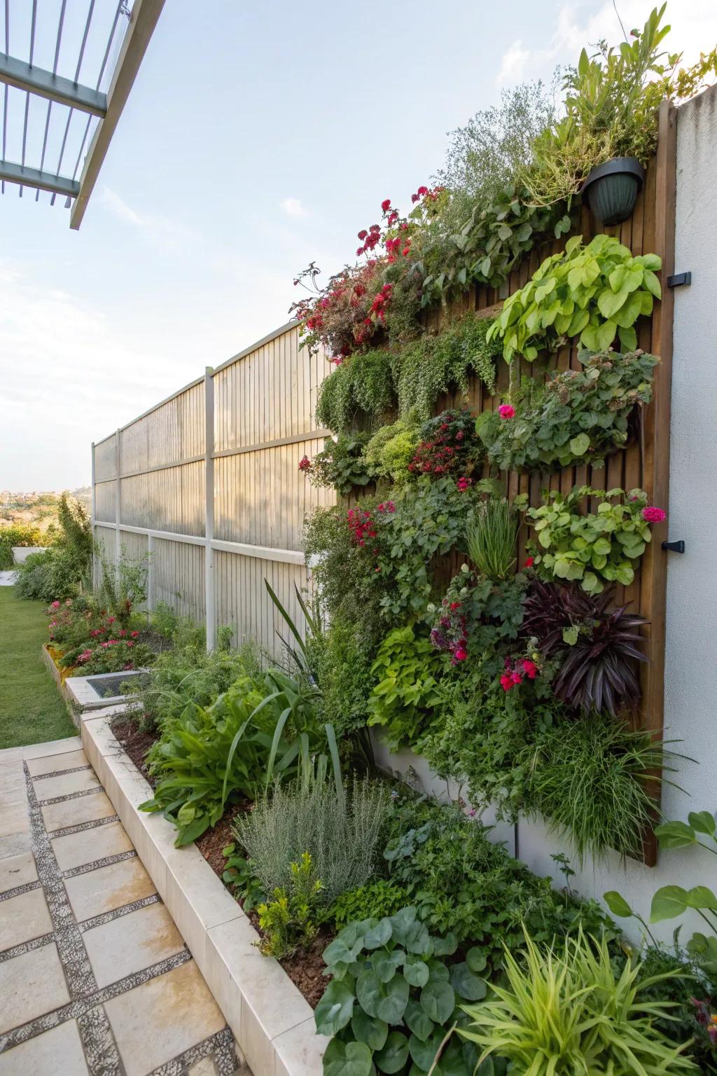 Walls are transformed into lively art through vertical gardening techniques.
