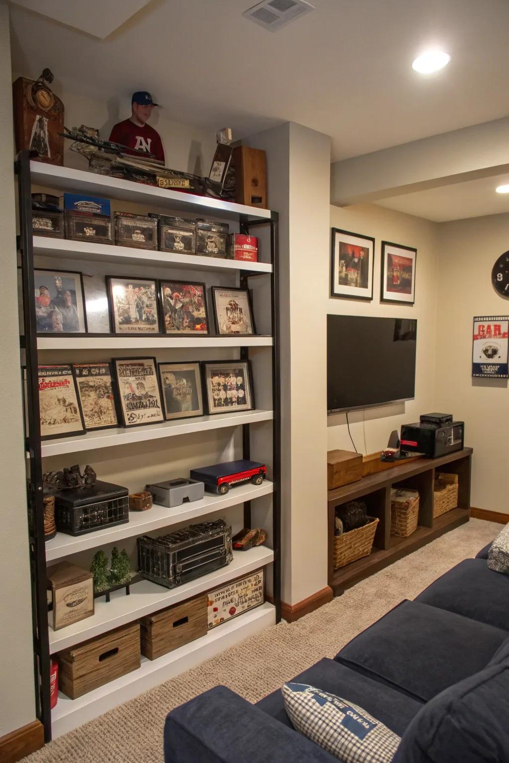 Shelves on the wall are great for using space efficiently, letting you display keepsakes without taking up floor area.