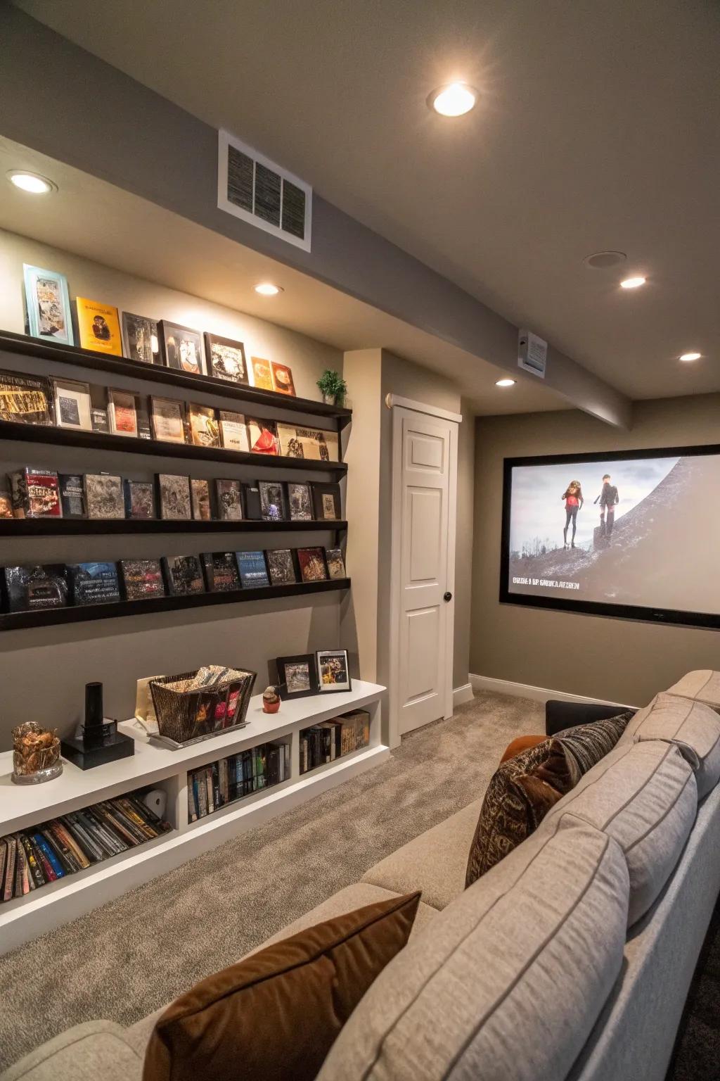 Elegant and functional wall-mounted shelves for storing movies.