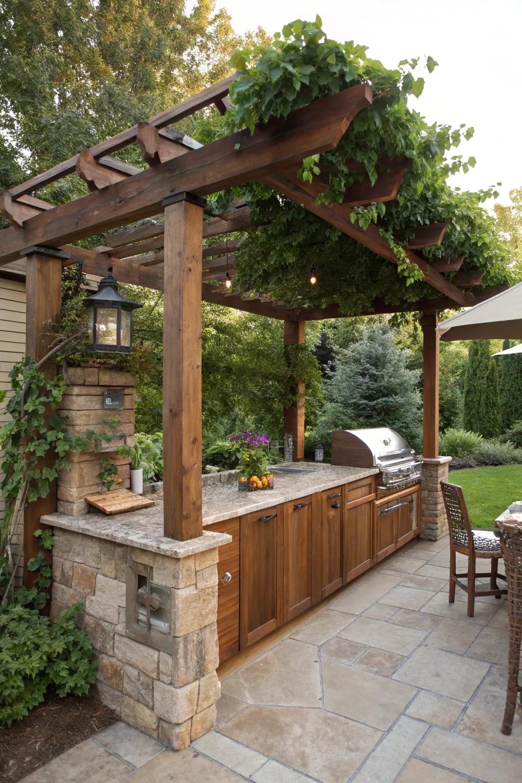 A garden structure imparts appeal and shade to a modest open-air kitchen.