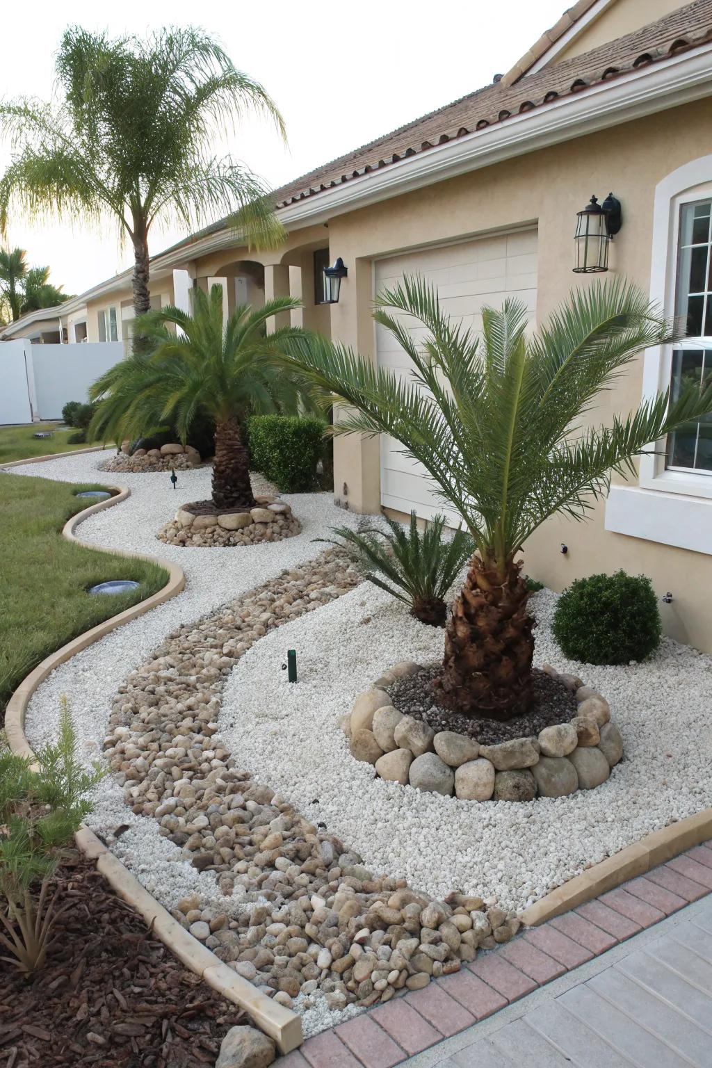 Ornamental stones and pebbles give a modern touch to palm tree landscaping.