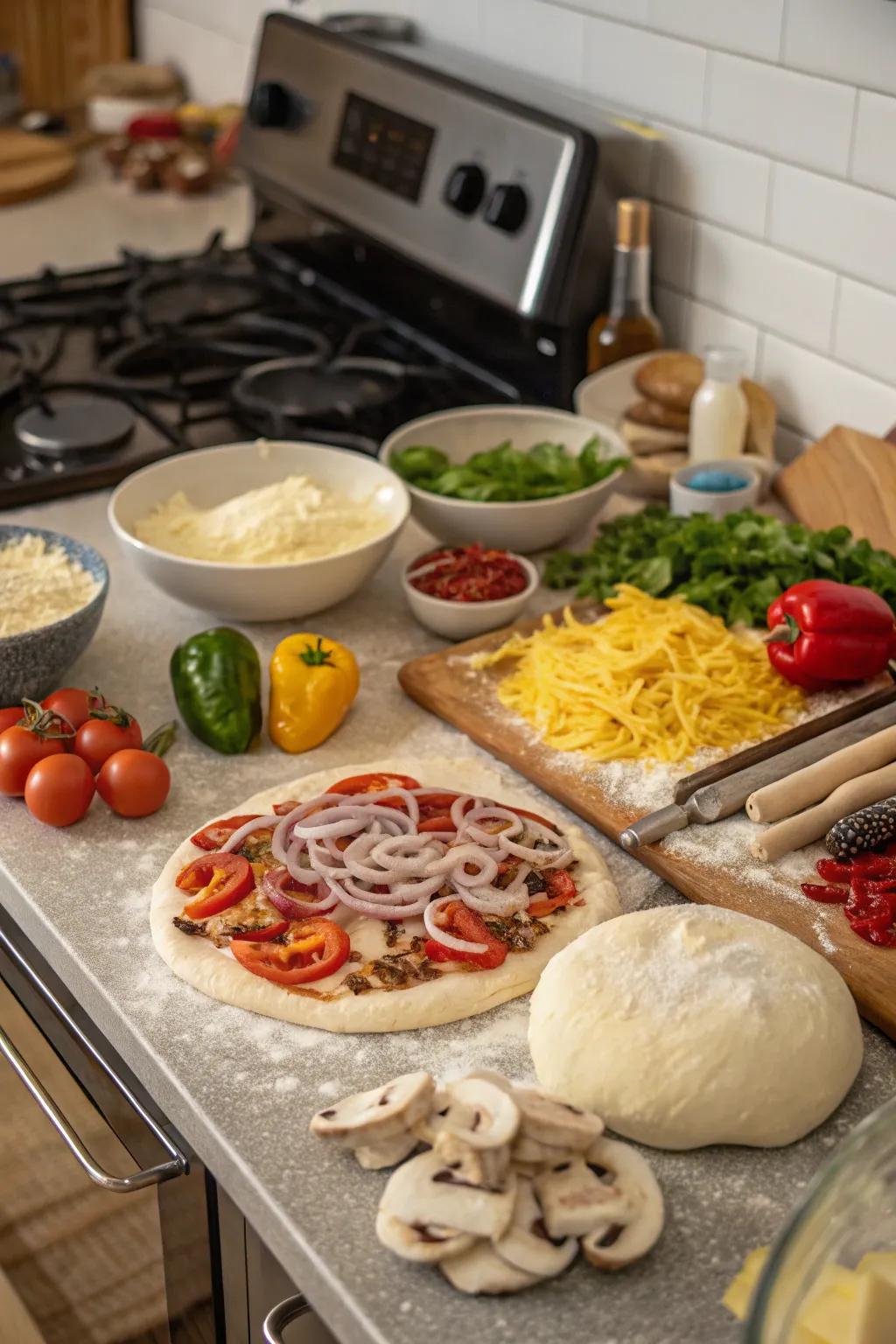 Make-your-own pizza area prepared for visitors to assemble their own pizzas.