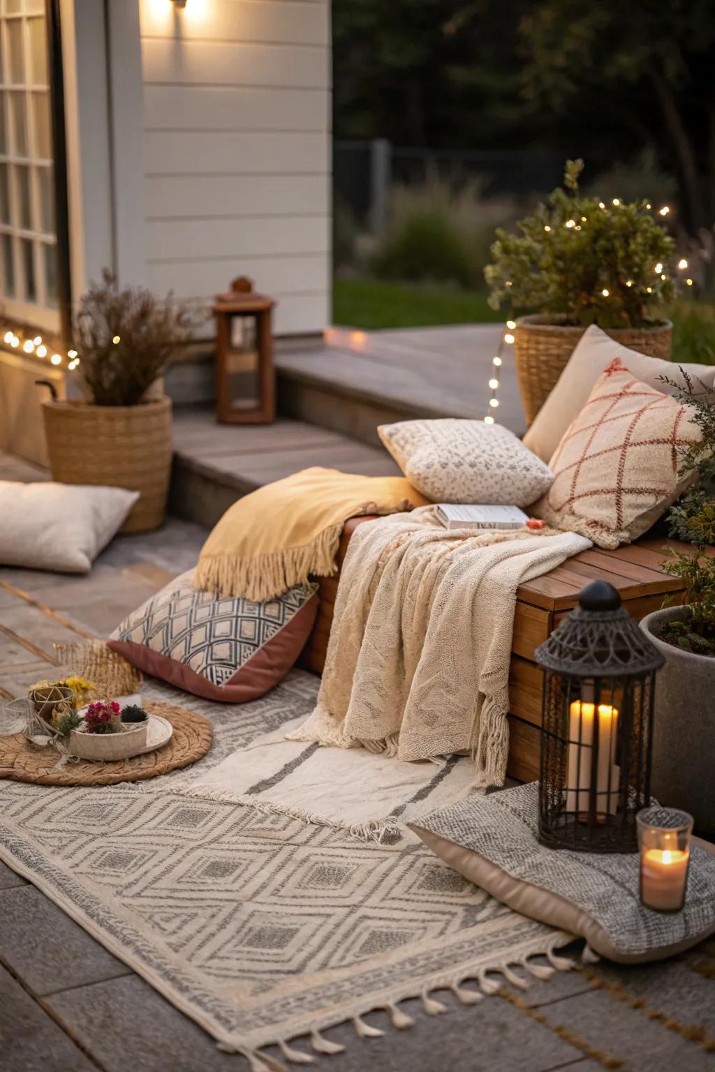 Cushions and blankets introduce warmth to a small patio.
