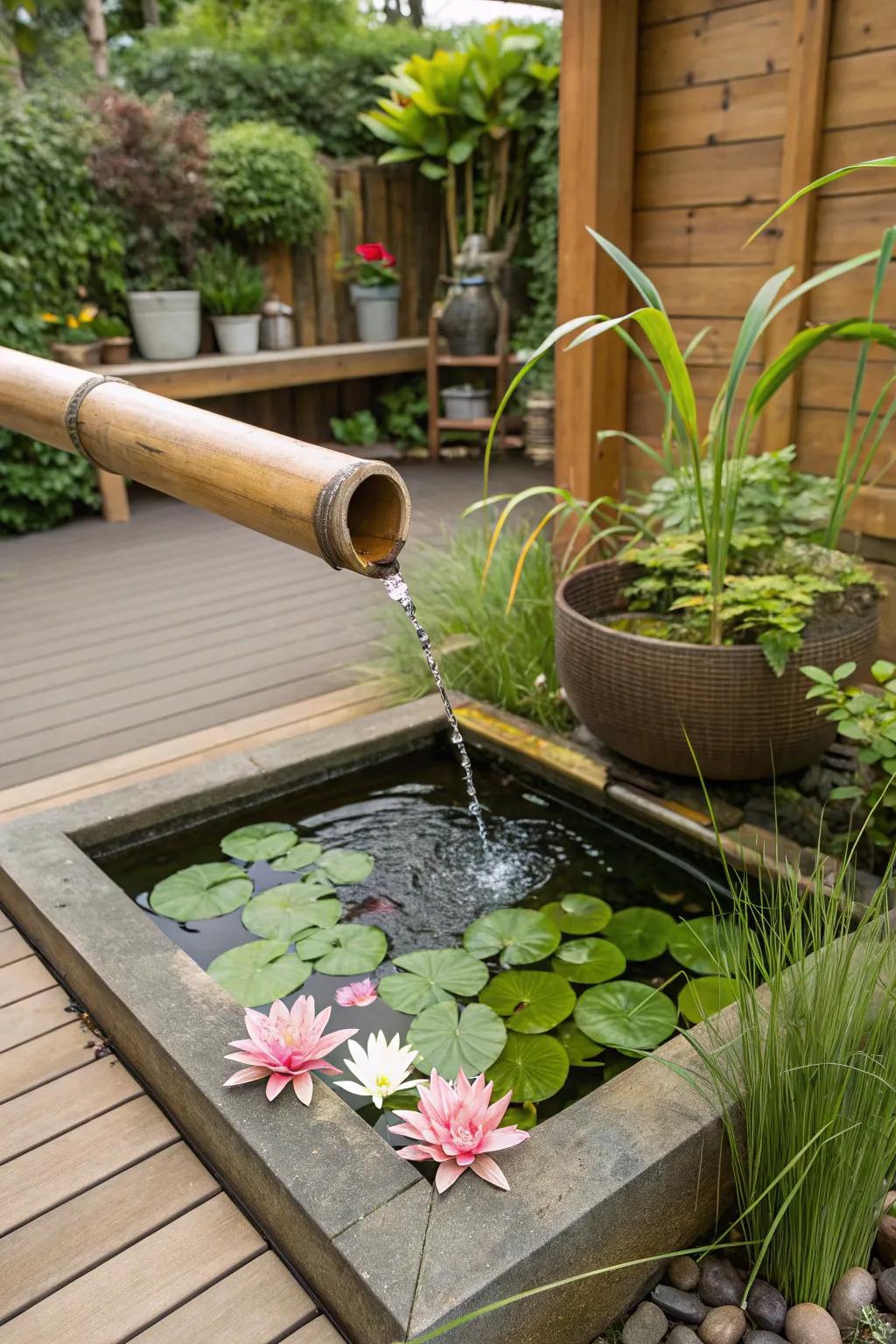 A small pond on the terrace introduces a hint of peace to open-air leisure.