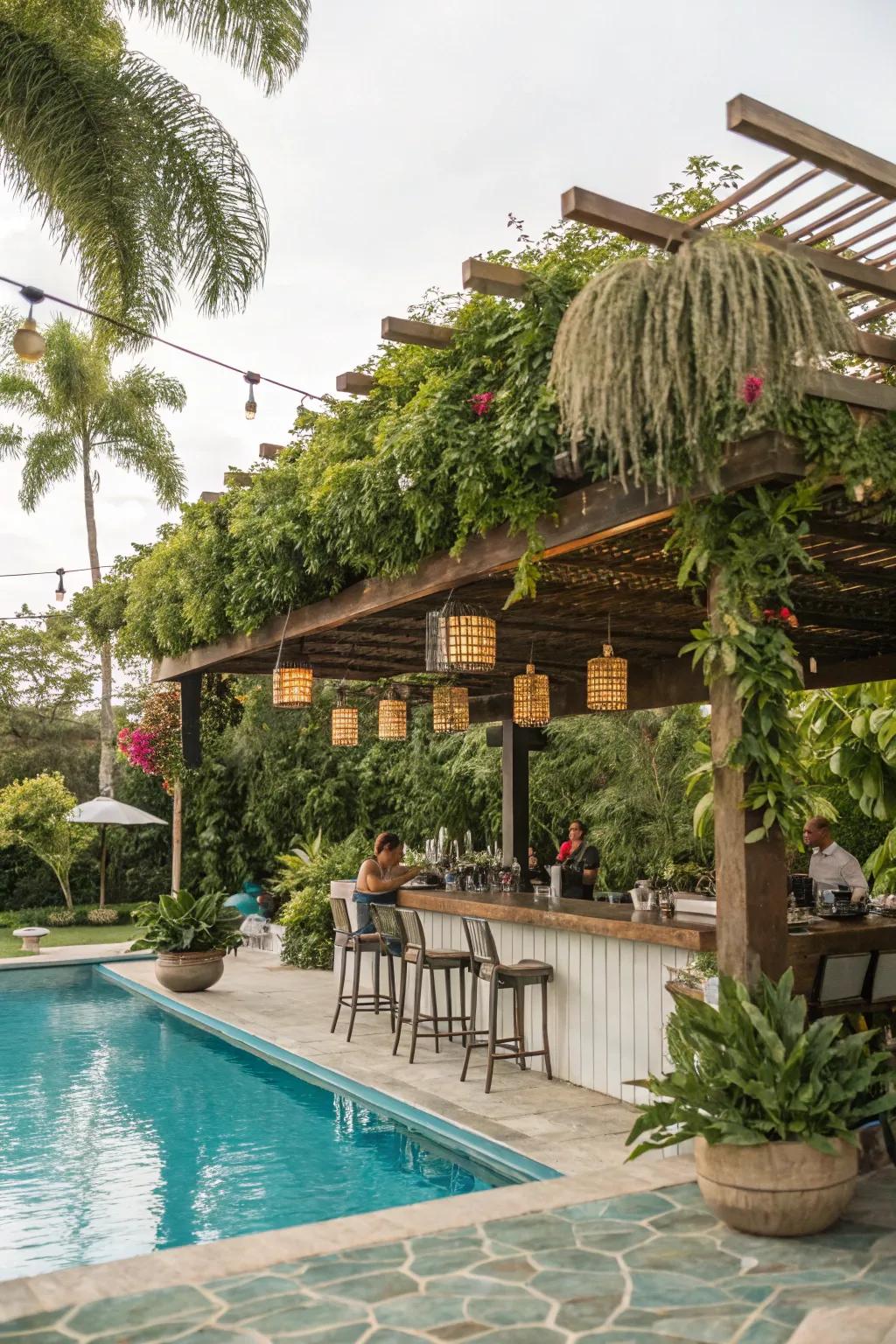 A pergola gives both function and charm, turning your pool bar into a relaxing getaway.