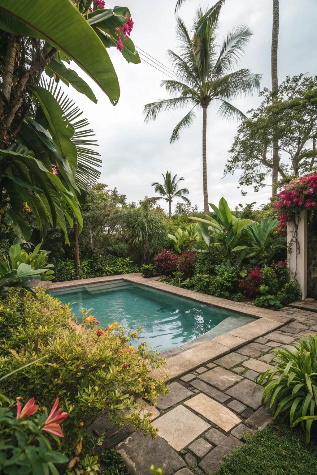Turn your pool space into a tropical paradise with plenty of lush plants and verdant foliage.