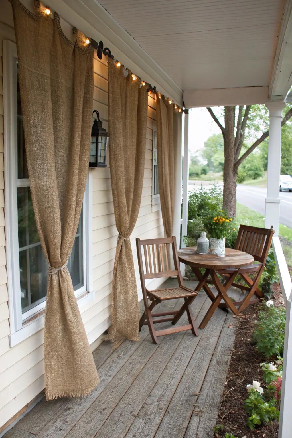Hessian fabrics add a country-inspired touch to your snug porch arrangement.