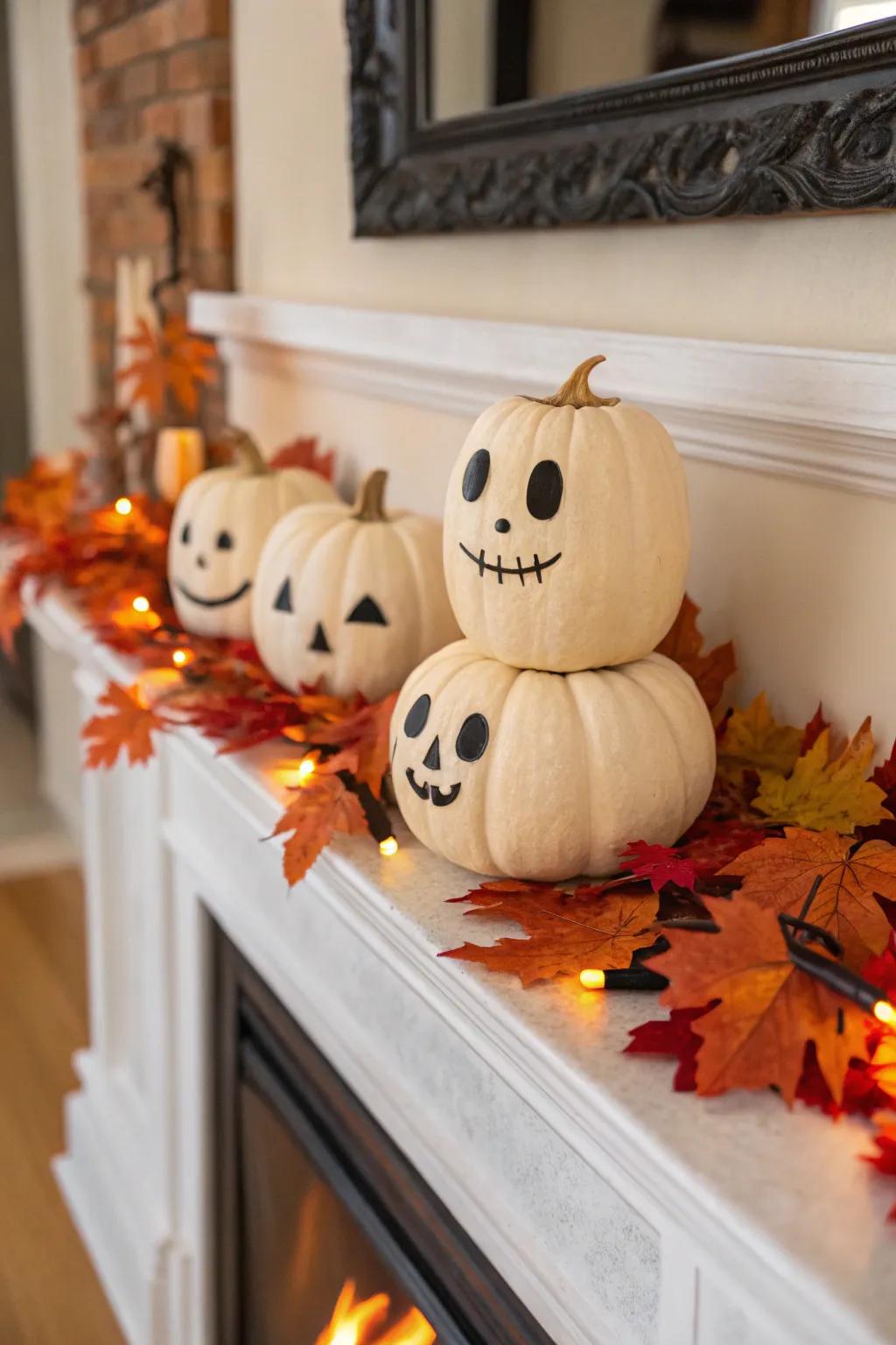 Little Jack-o'-lanterns featuring emotive faces evoke Halloween's enchantment.
