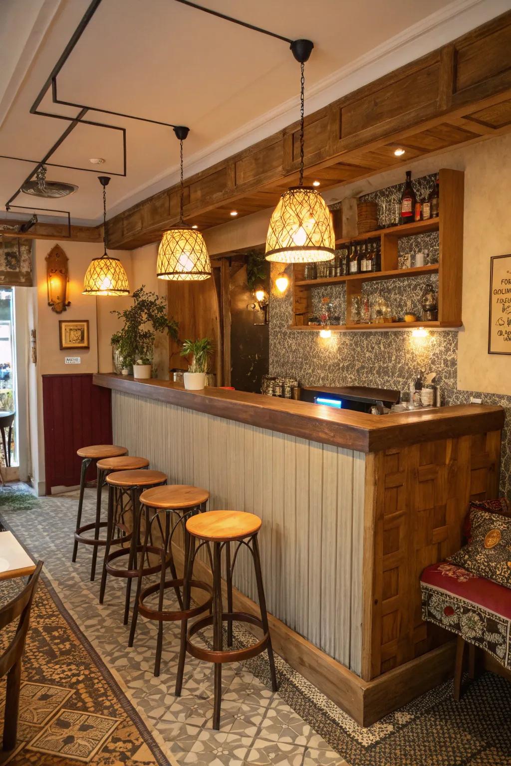 A snug bar recess within a limited restaurant, suited for personal rendezvous.