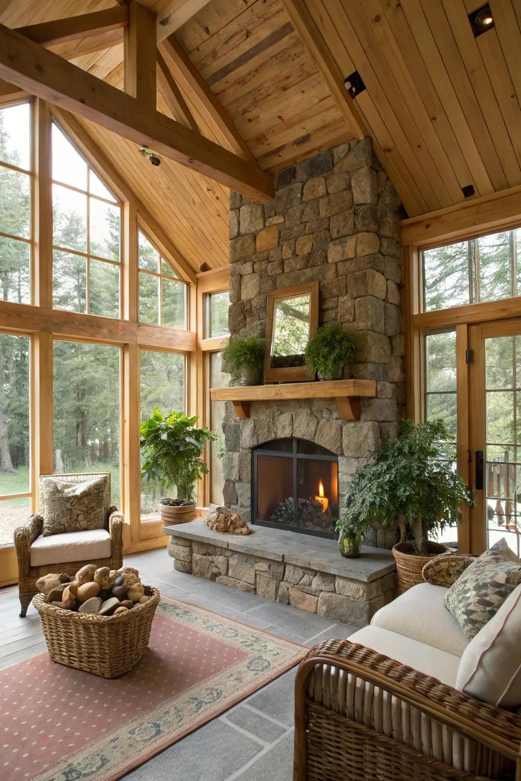 A stone hearth adds warmth and a country-style feel to any sunroom.