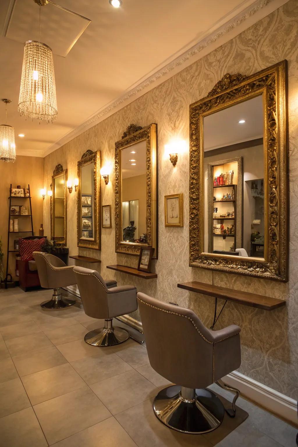 Reflectors that bounce light and broaden the perceived area of the salon.