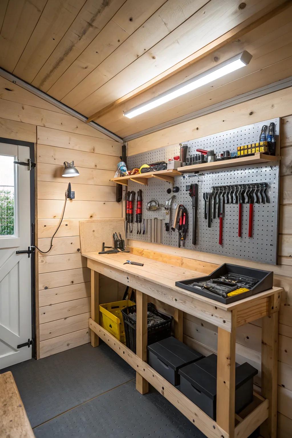 A carefully arranged handcrafting area within a small shed.