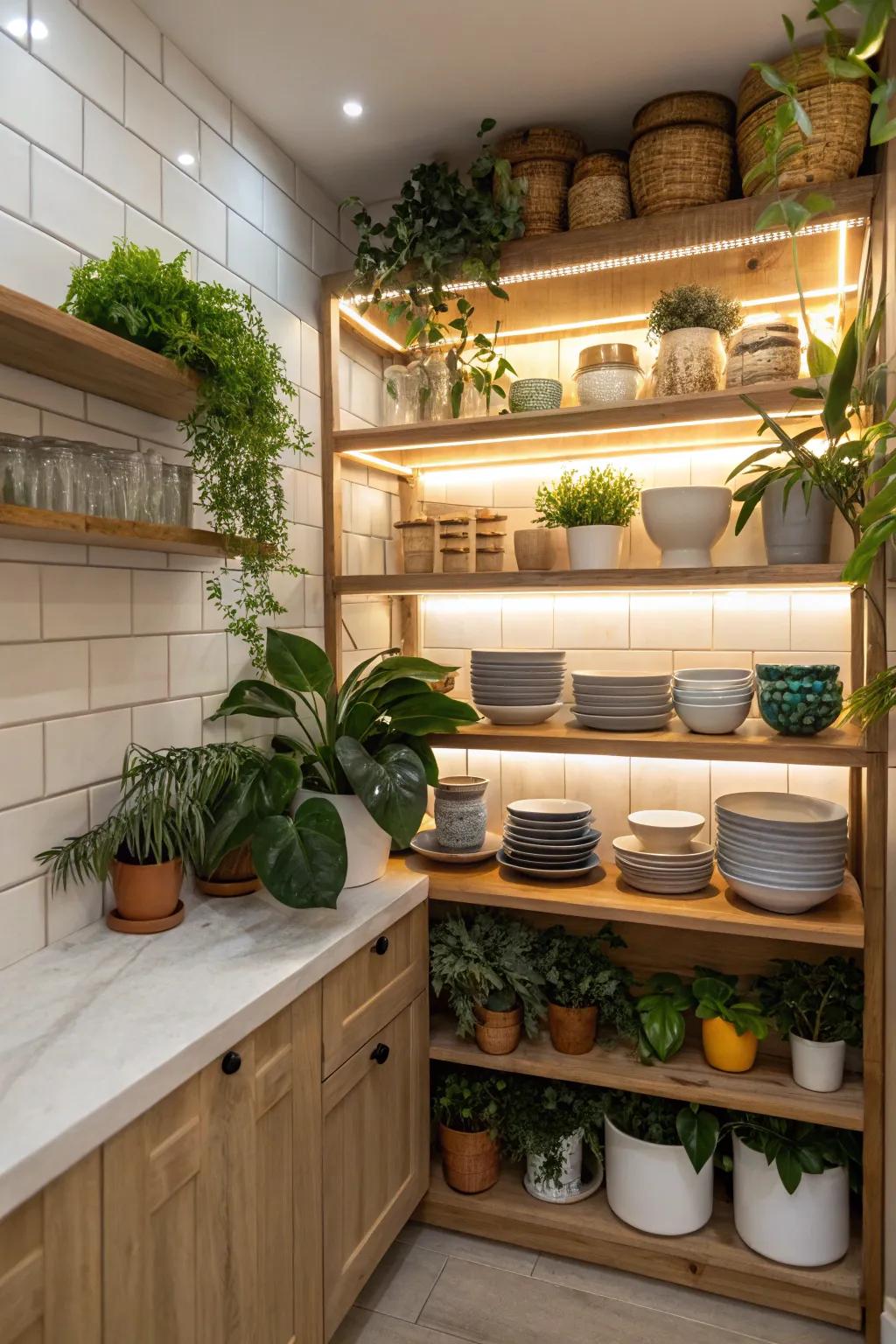 Exposed shelves enhance the appeal and accessibility of a small kitchen.