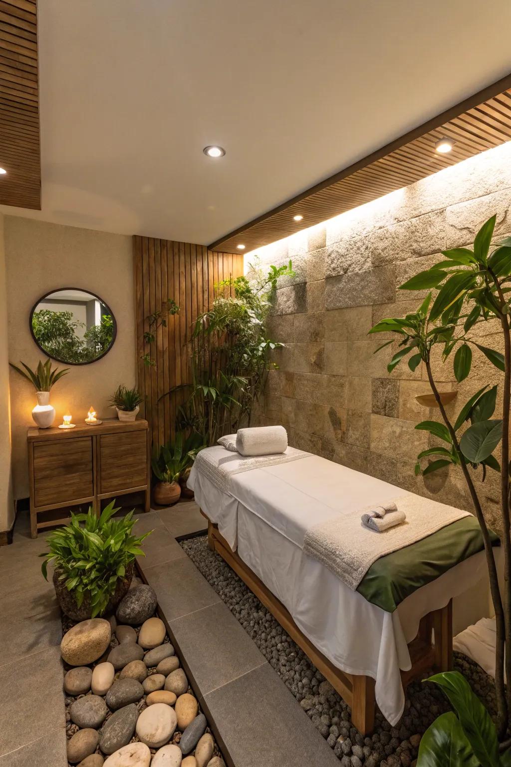 Outdoor accents like plants and stones in a spa space