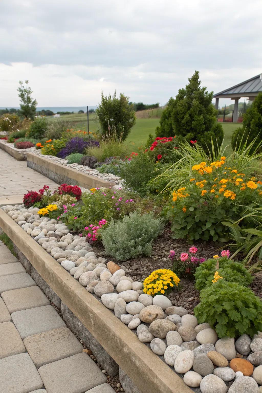 Sophisticated rock-bordered flowerbeds brimming with dynamic botanical life.