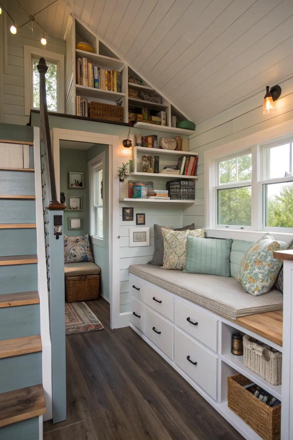 Creative storage choices ensure small house living is structured and elegant.