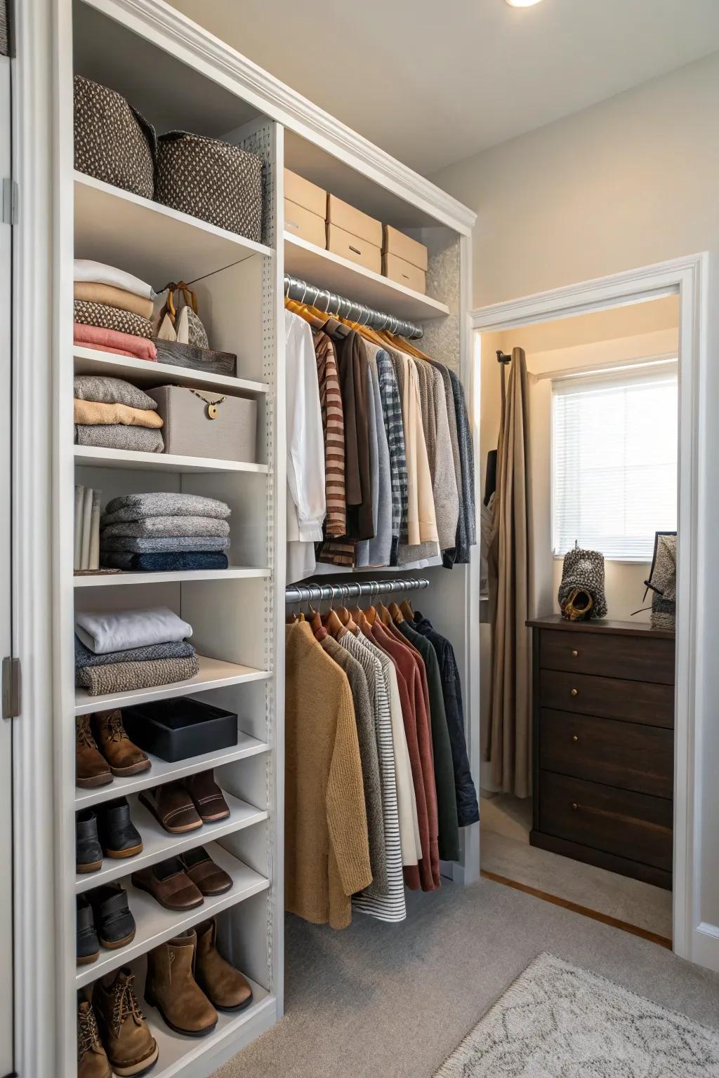 Adaptable shelves offer versatile storage alternatives.