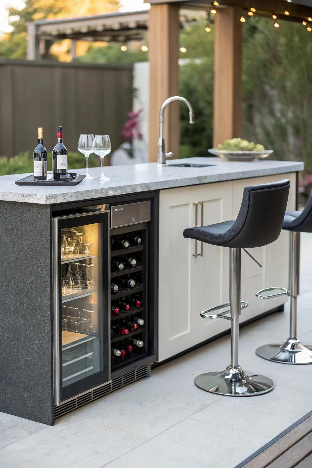 A modern, petite wet bar that showcases an in-wall drink chiller.