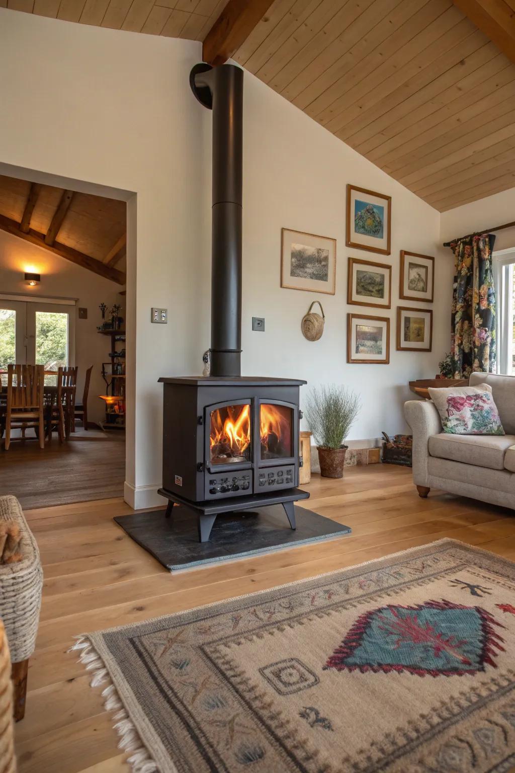 A see-through wood burner gracefully separates and warms an open living area.