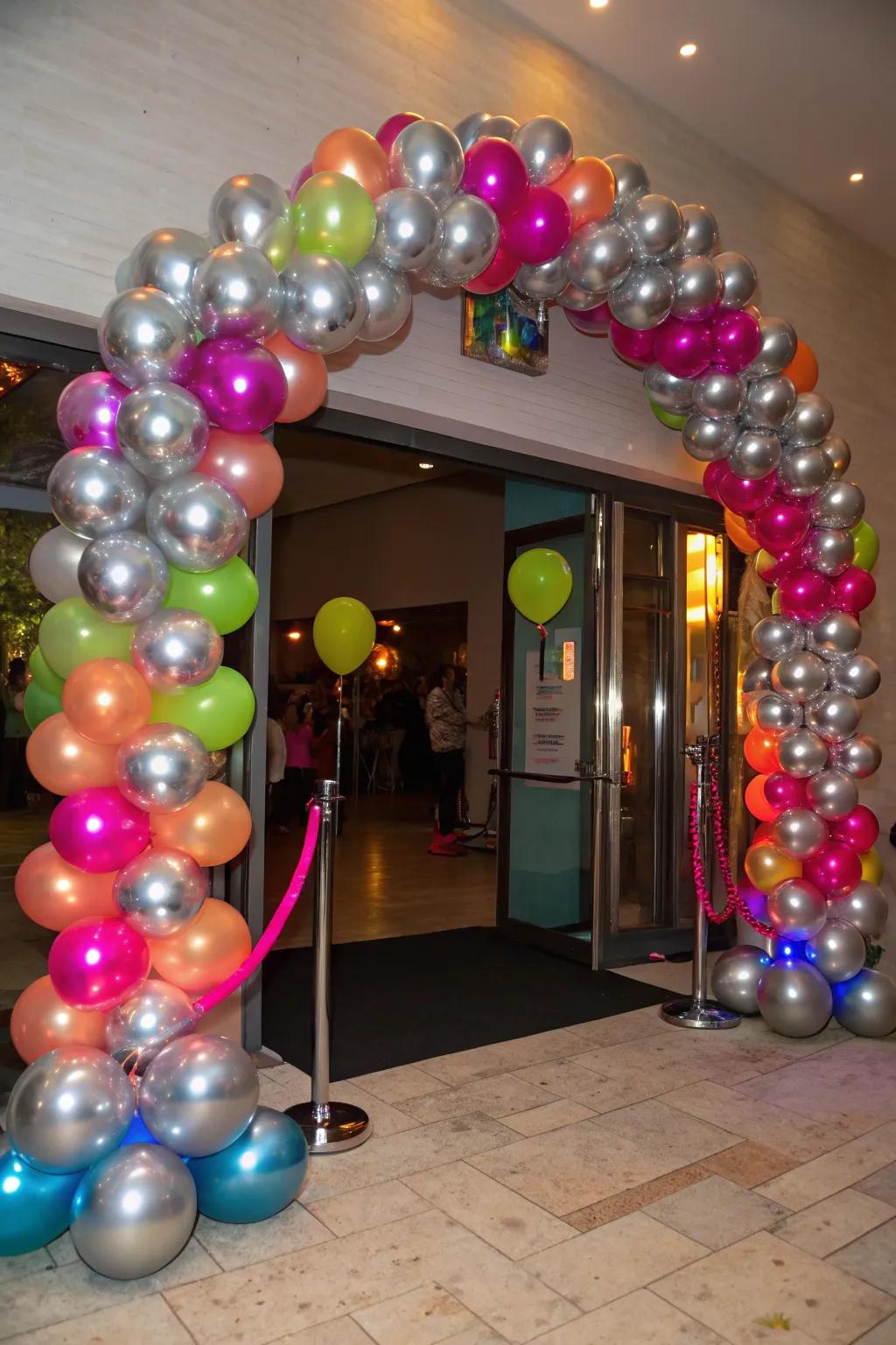 A lively balloon arch to warmly greet guests.