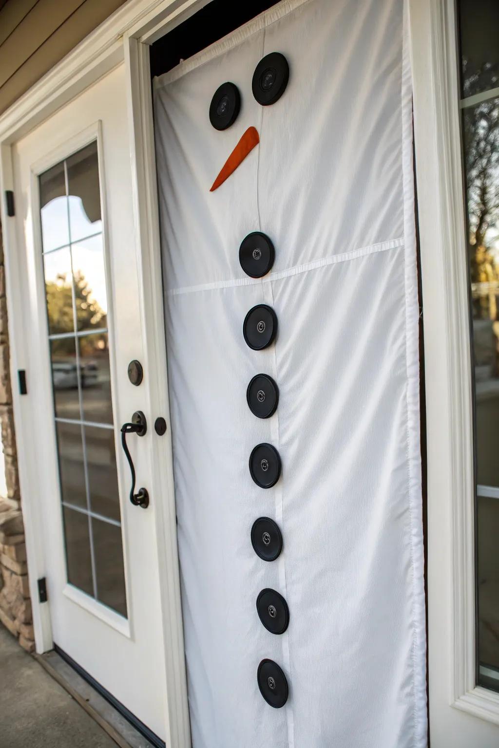 A full-body snowman door decoration creates a show-stopping entrance.