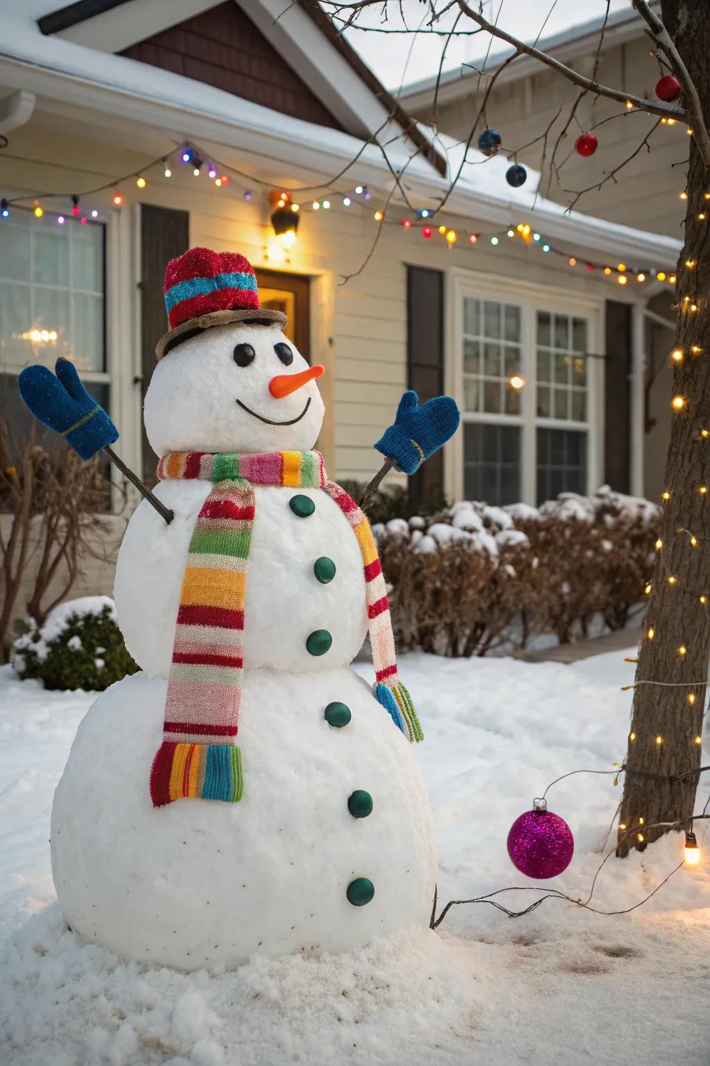A snowman wrapped up warmly in vibrant winter accessories.