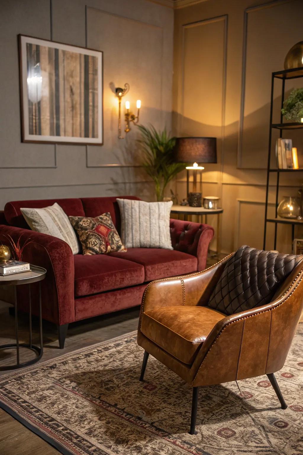 Uniting plush and hide introduces depth and richness to the setting.