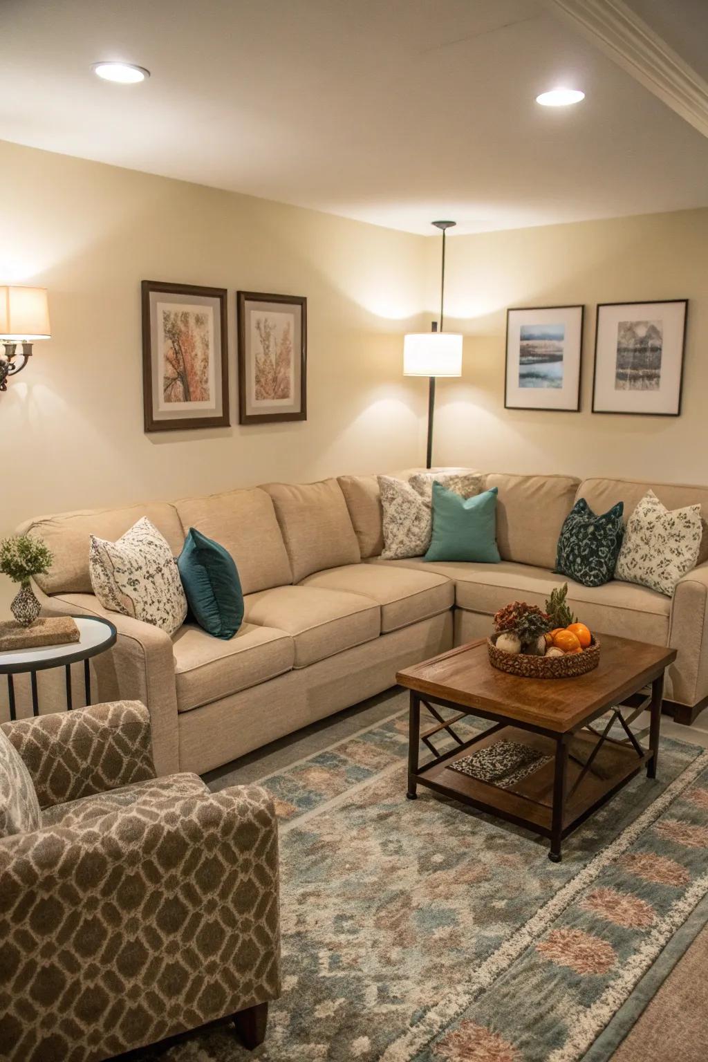 A sectional sofa fitting neatly into the corner of a compact living space.