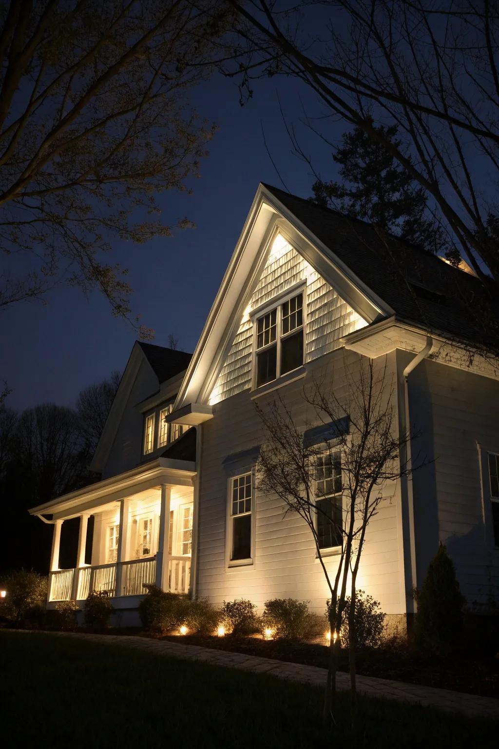 Vertical lighting beautifully emphasizes the home design of a home.