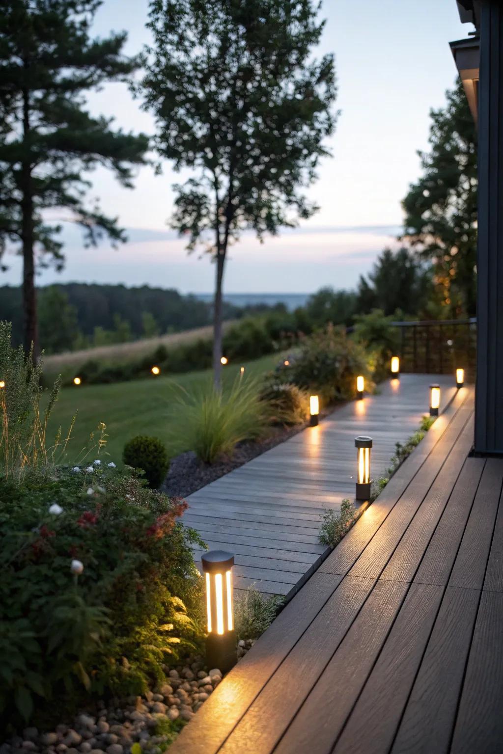 With chic solar lights, brighten the walkways on your deck.