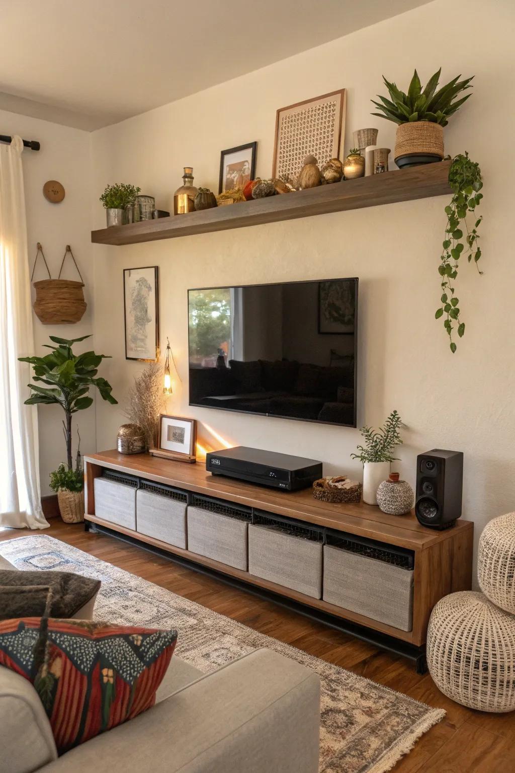 Audio bar stylishly arranged on a floating shelf above the television.