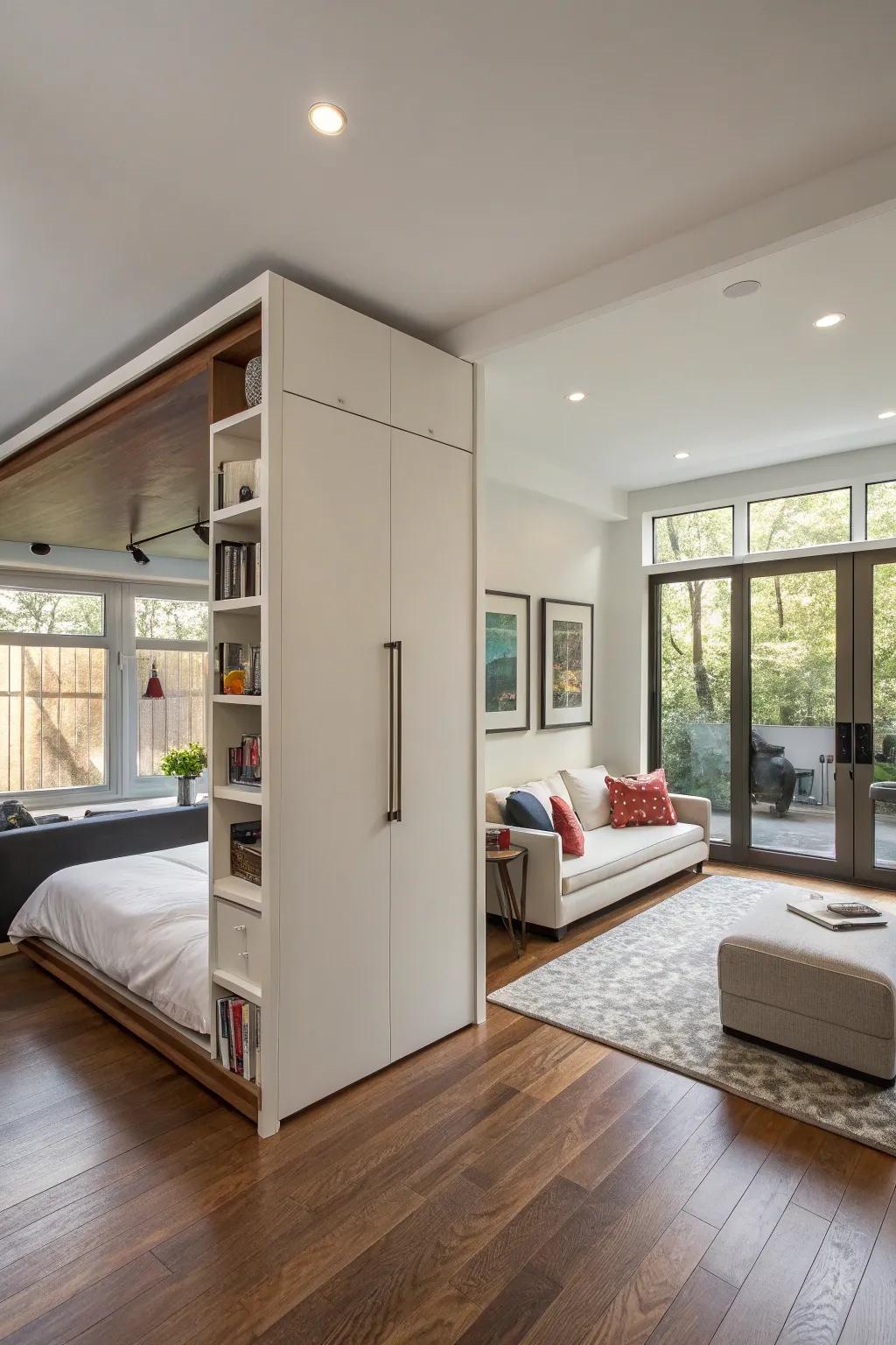 A foldaway bed conveniently tucks away, creating more space for daytime activities.