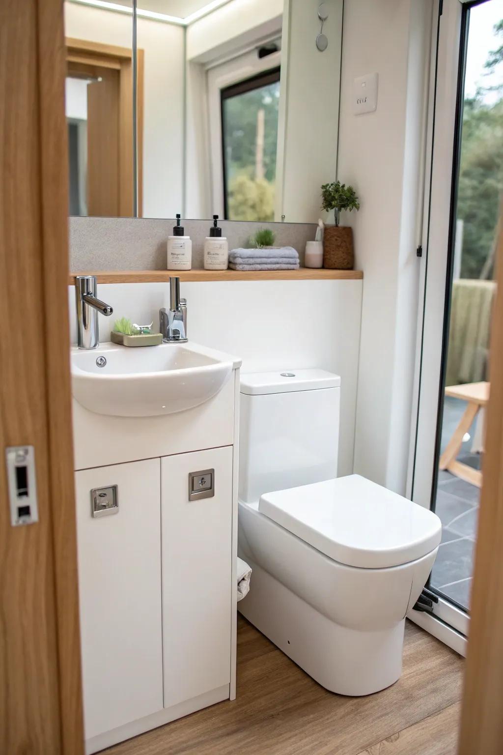 The bathroom looks more roomy because of the stylish and slender fixtures.