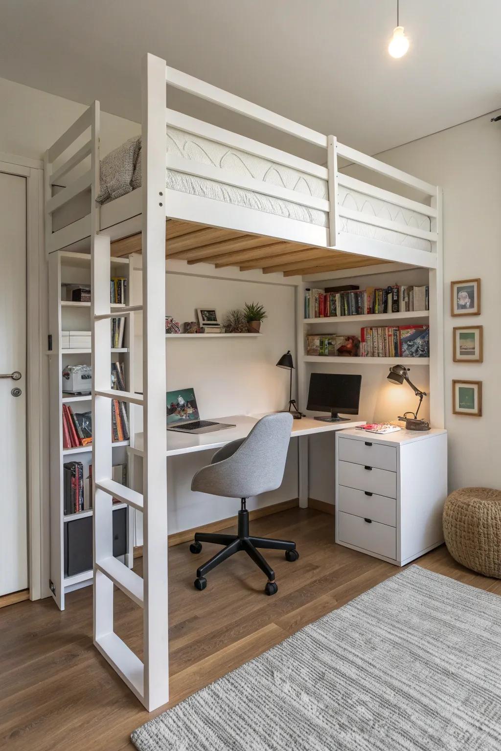 Raised bed featuring a workspace beneath