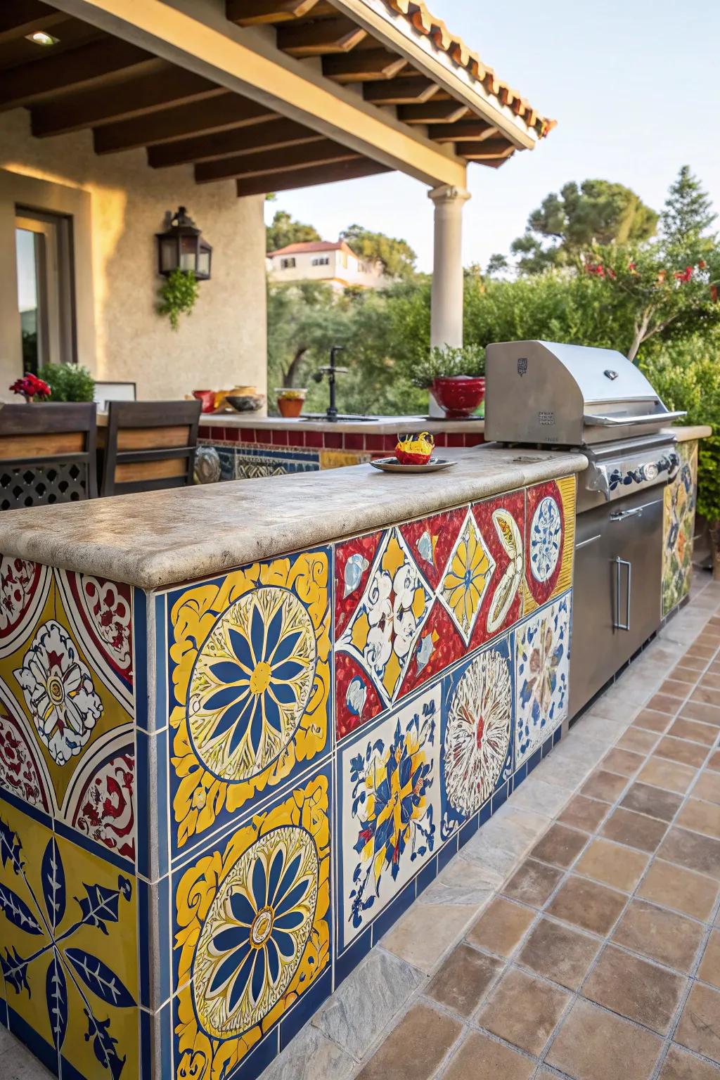 Eye-catching Spanish tiling brings a burst of color to this charming outdoor kitchen.