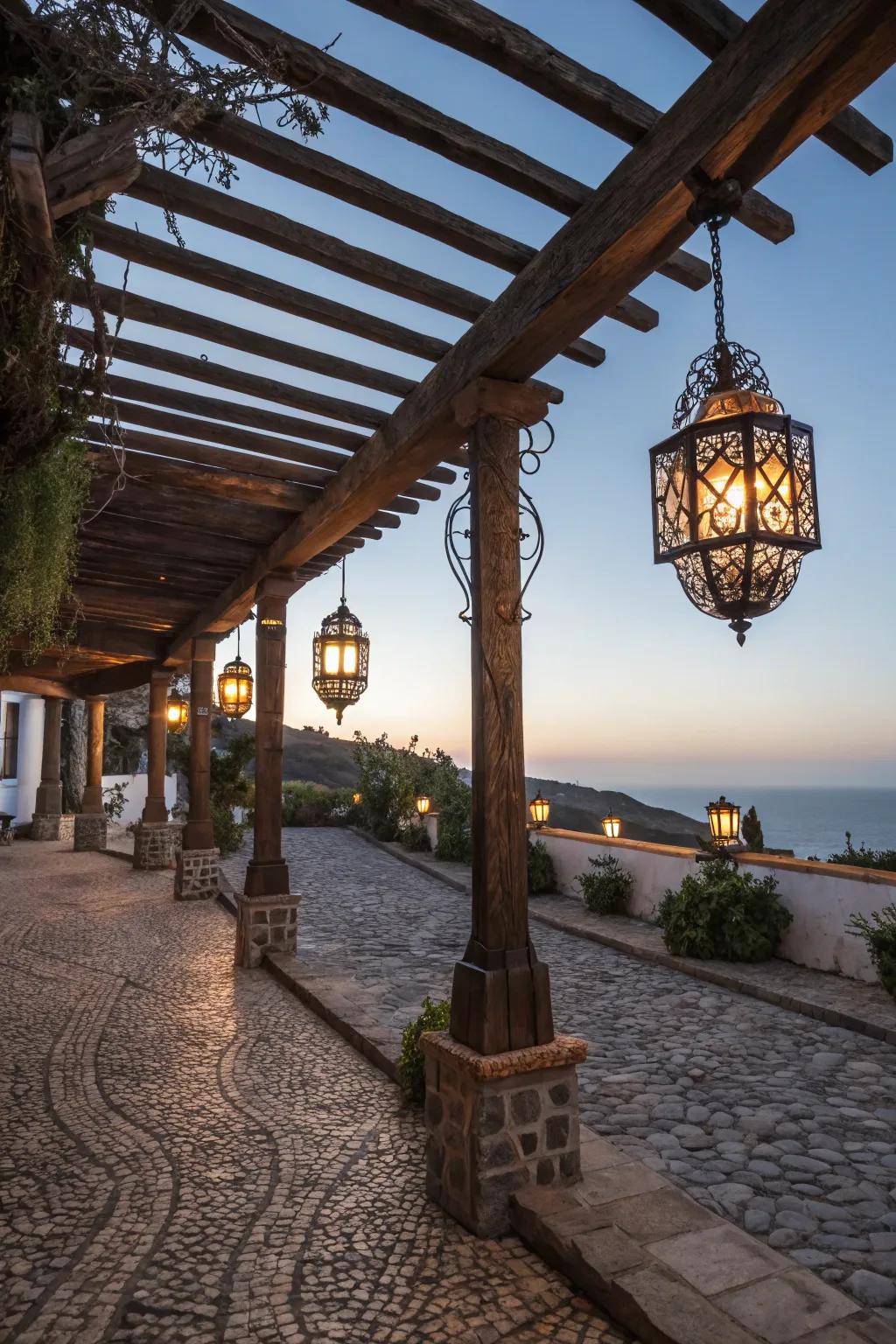 Wrought iron features give charm to the pergola design.