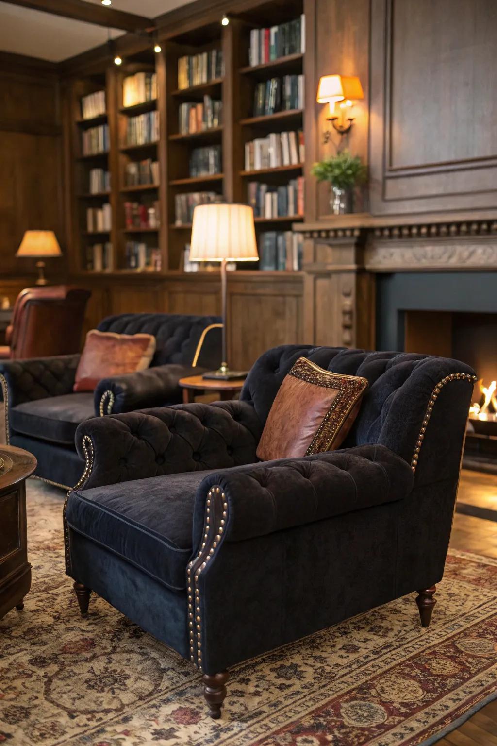 Velvet and leather cultivate an opulent and welcoming atmosphere.