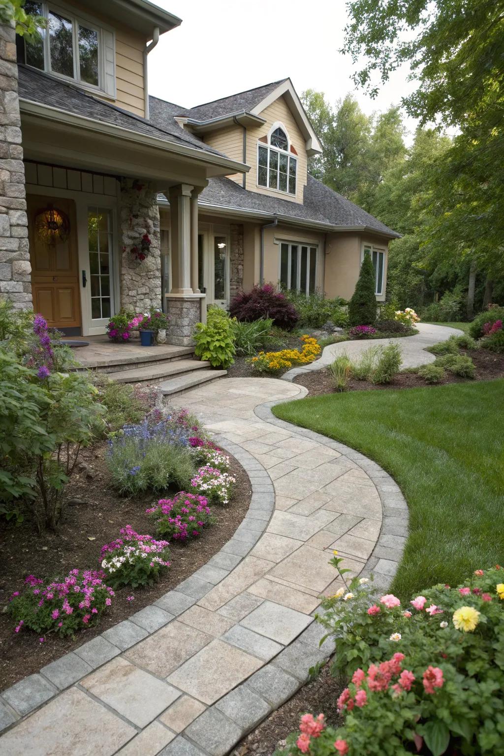 Flowing walkways enrich the pathway to your front entrance.